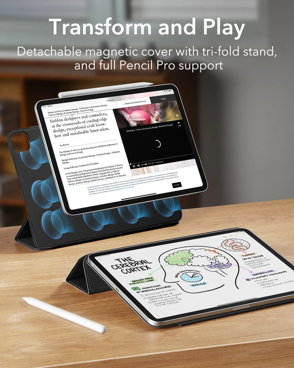 A magnetic folio case for an iPad Pro or Air is shown with a pen resting on a wooden table.