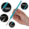 A hand holds a teal paint brush with a smooth round handle, showing details of the grip, protection, and high-quality bristle