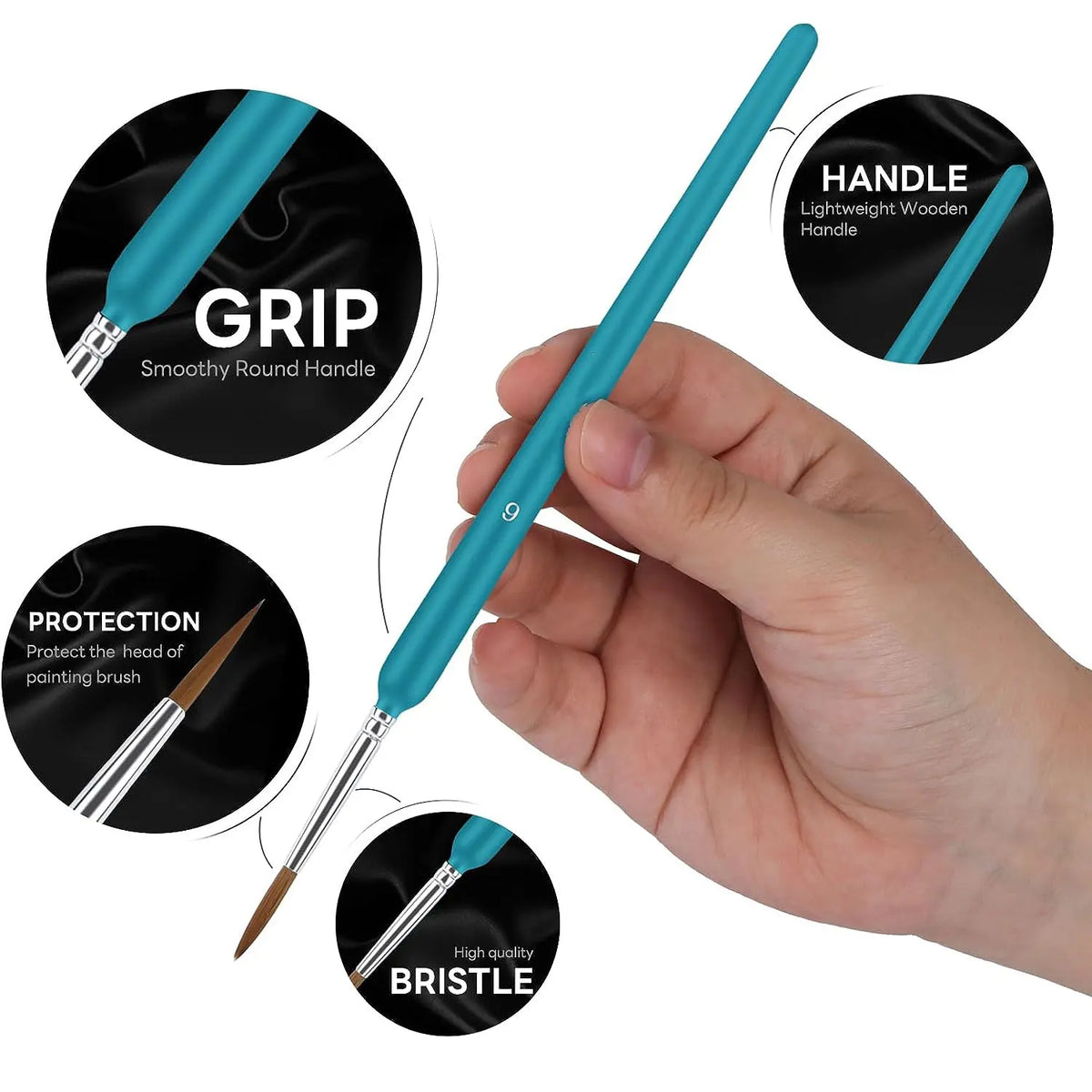 A hand holds a teal paint brush with a smooth round handle, showing details of the grip, protection, and high-quality bristle