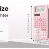 A pink scientific calculator with a built-in notepad is shown next to its dimensions.
