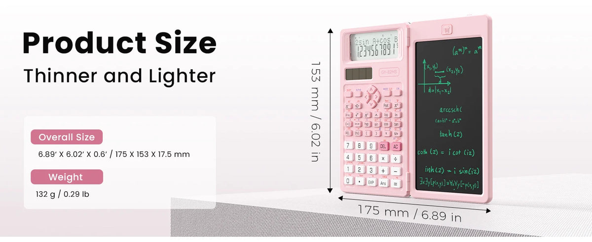 A pink scientific calculator with a built-in notepad is shown next to its dimensions.