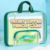 A green pencil case with a transparent mesh front zipper showing pencils and paper inside.