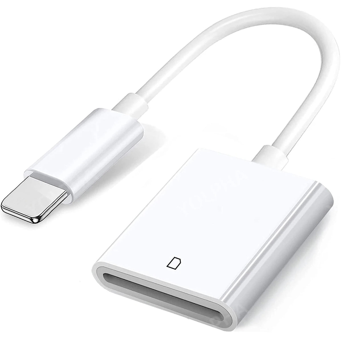 A white 4-in-1 Lightning card reader device with a flexible cable shown on a white background.