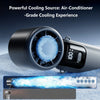 A portable rechargeable handheld cooling fan emitting a strong, icy blue mist.