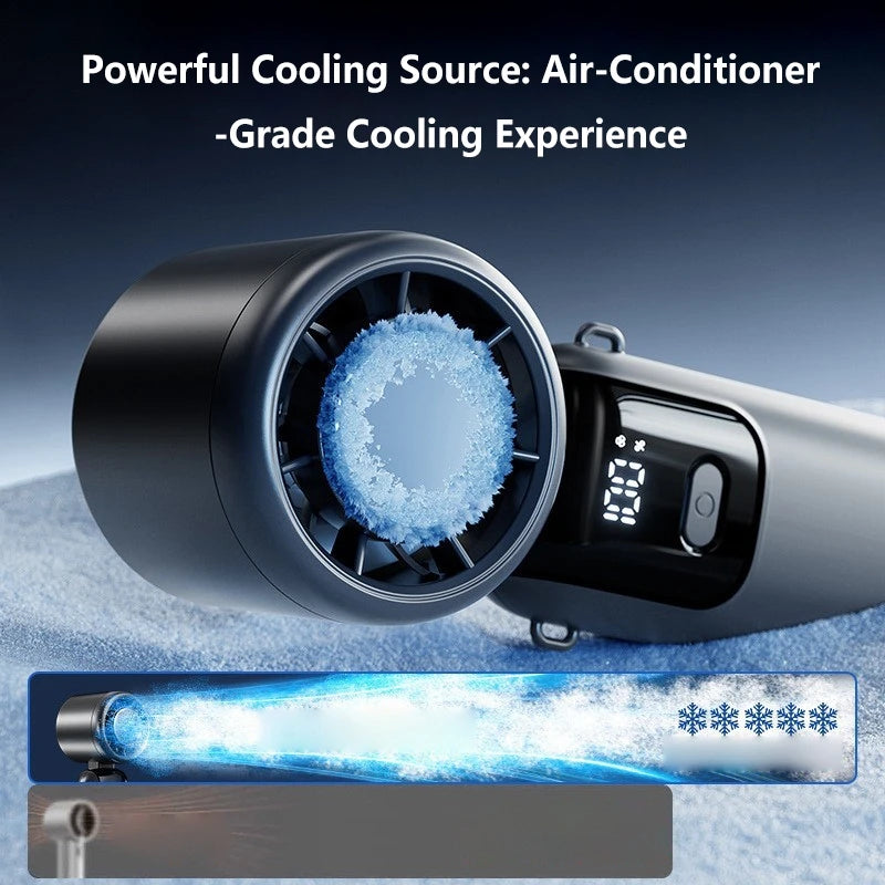 A portable rechargeable handheld cooling fan emitting a strong, icy blue mist.
