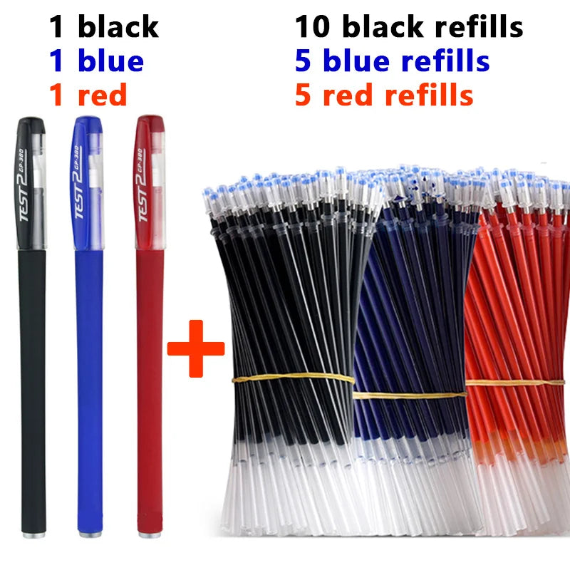 Un set de bolígrafos de gel multicolor: 1 negro, 1 azul y 1 rojo, junto a diez repuestos negros, cinco azules y cinco