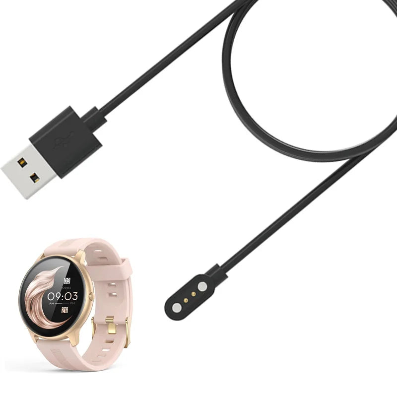 A magnetic USB charging adapter cable connects a smartwatch to a charging port.