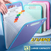 A purple accordion file organizer with 13 pockets and colored tape is shown next to other colorful file organizers.