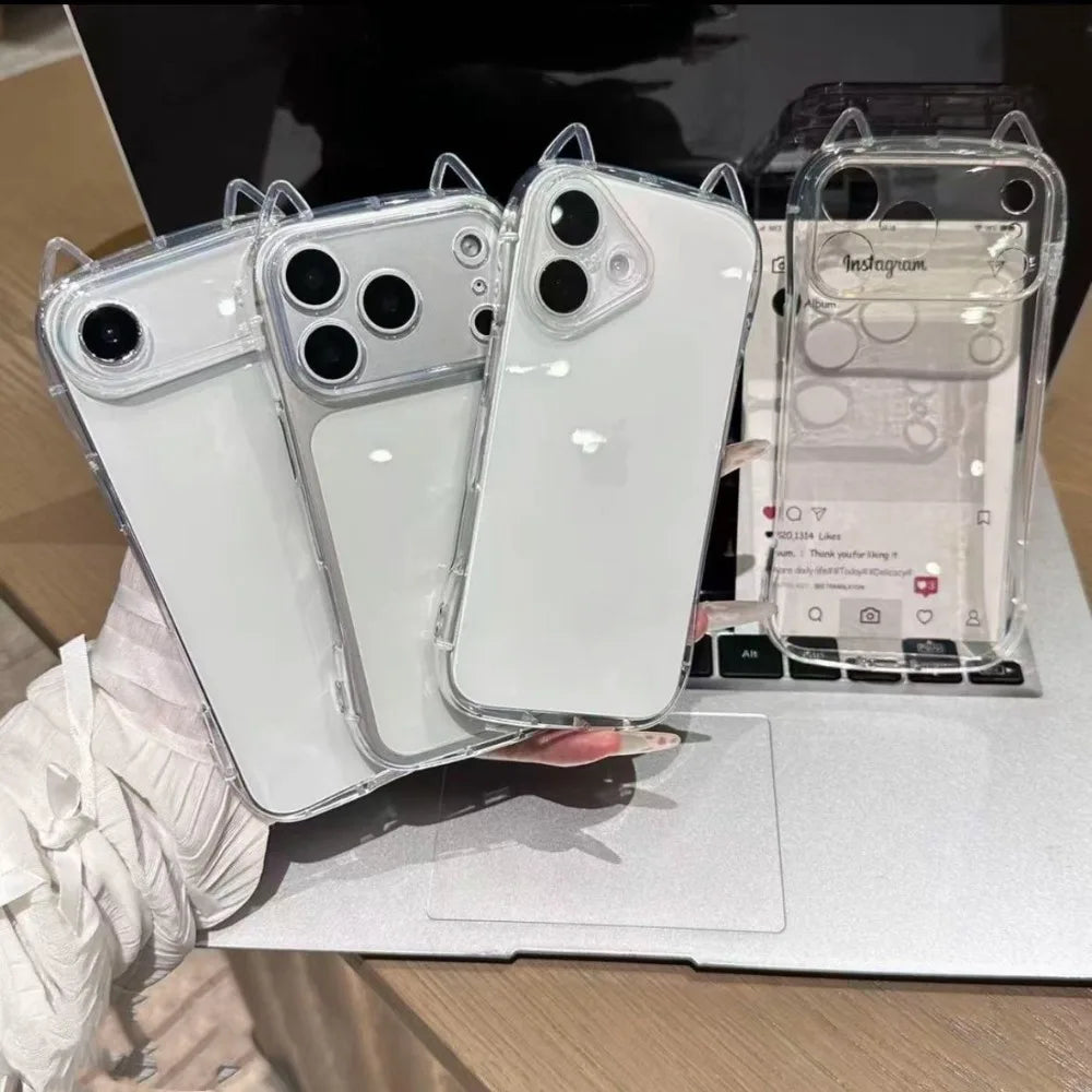 A clear silicone case for an iPhone featuring 3D cat ears design and shockproof protection.