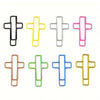 A set of ten cross-shaped metal paper clips in various colors including black, yellow, silver, pink, orange, green, blue, and