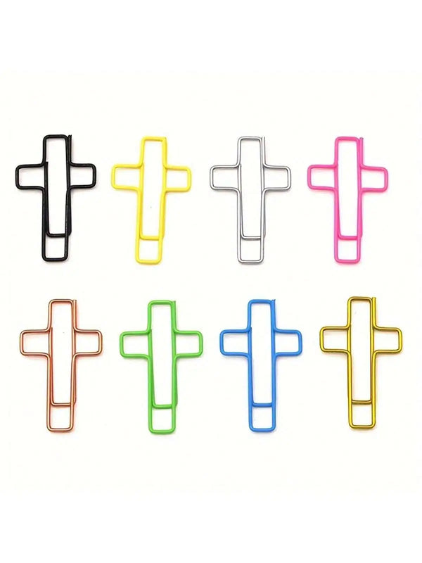 A set of ten cross-shaped metal paper clips in various colors including black, yellow, silver, pink, orange, green, blue, and