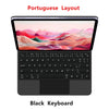 Clavier magnétique flottant noir avec disposition portugaise et affichage paysager coloré.