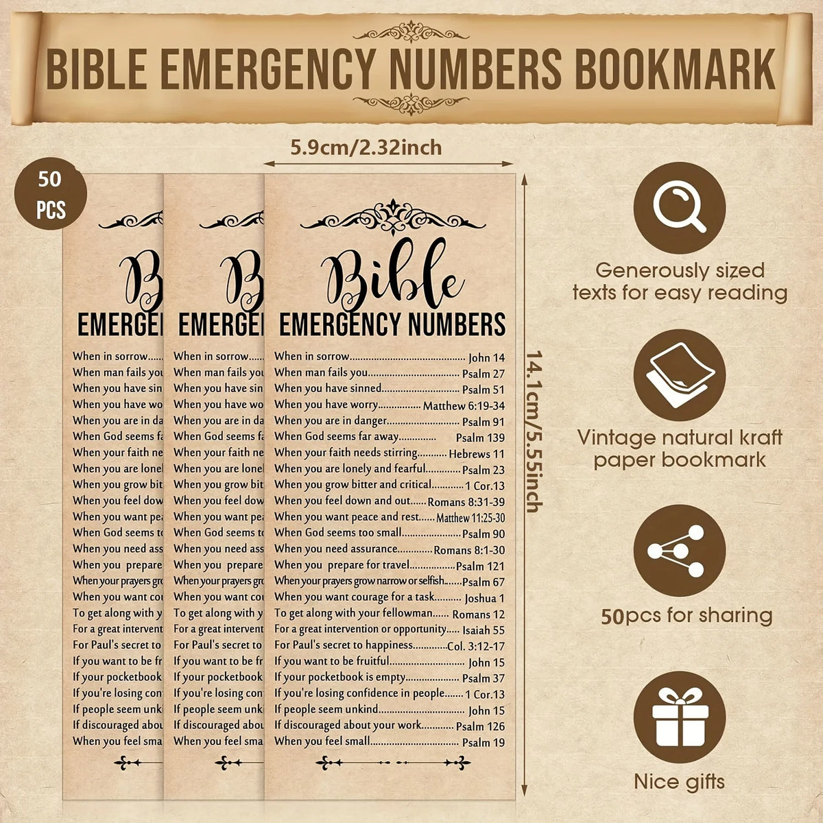 A set of 50 Bible emergency numbers bookmarks in beige paper with gold lettering.