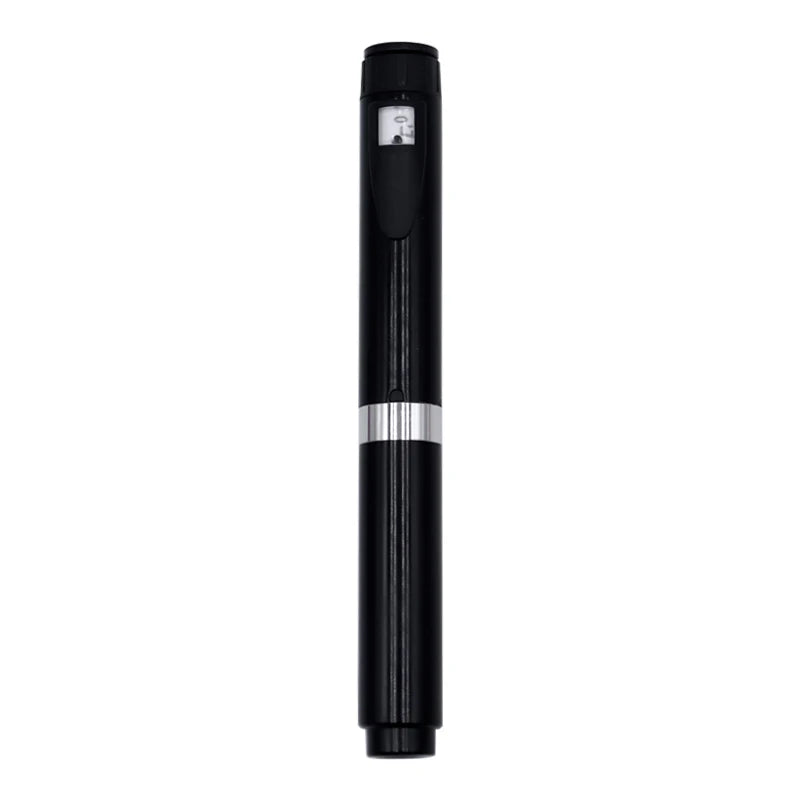 Black reusable injection pen with a silver band and a clear cartridge visible from the side.