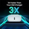 A white fast charging adapter is shown with glowing blue energy lines, emphasizing 3X faster charging.