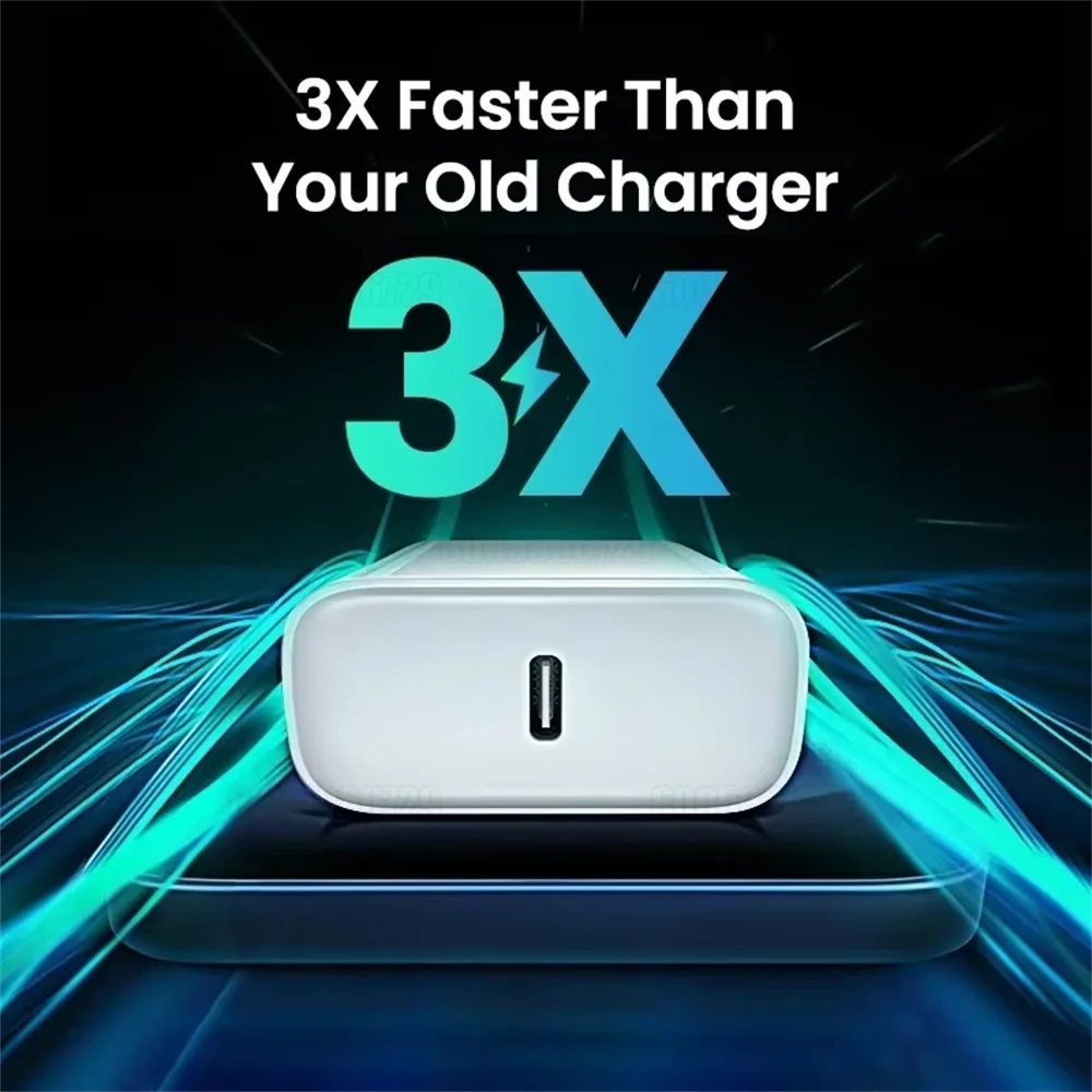A white fast charging adapter is shown with glowing blue energy lines, emphasizing 3X faster charging.
