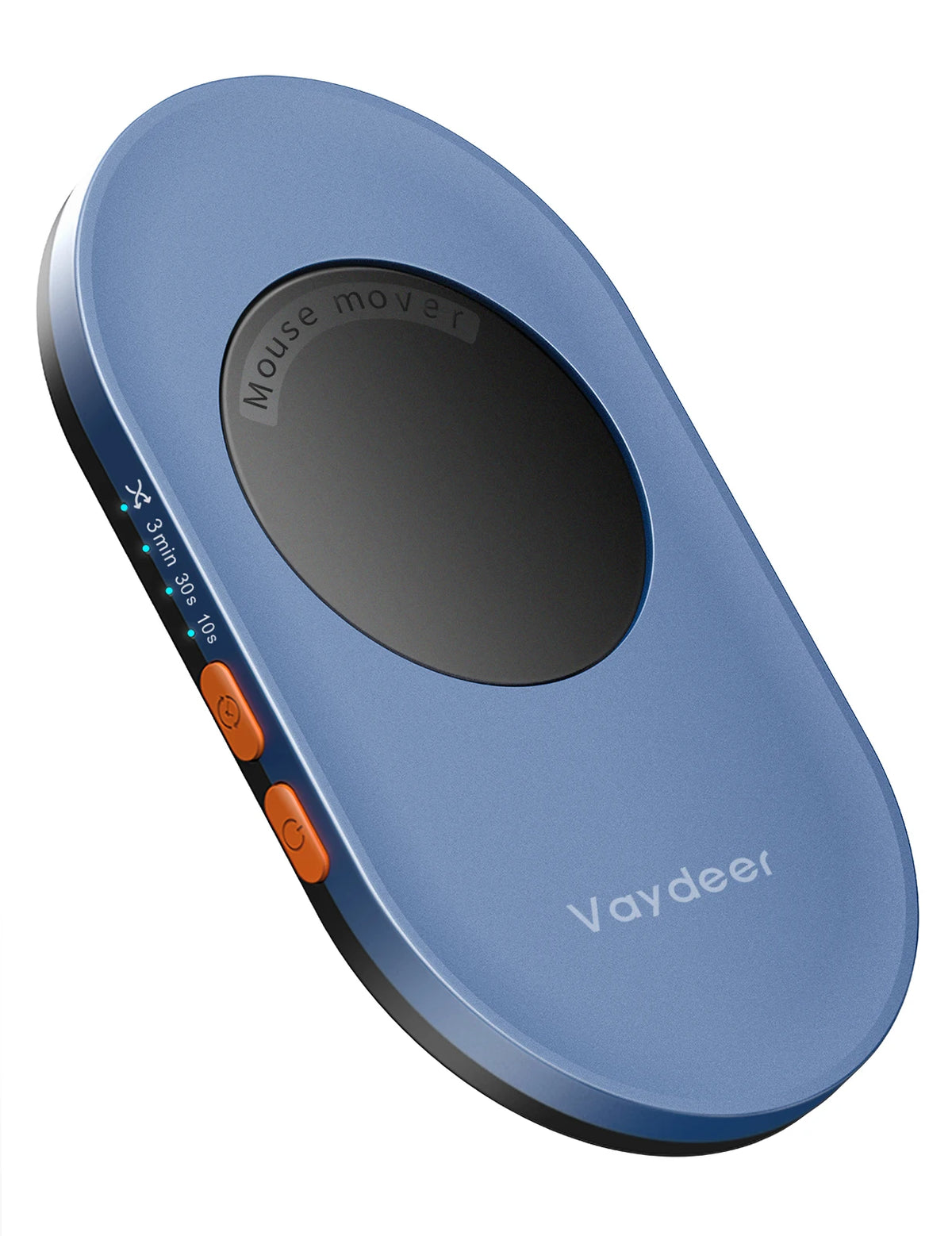 A light blue oval electronic device, the Ultra-Slim Mouse Mover, is shown from the side with a timer display.