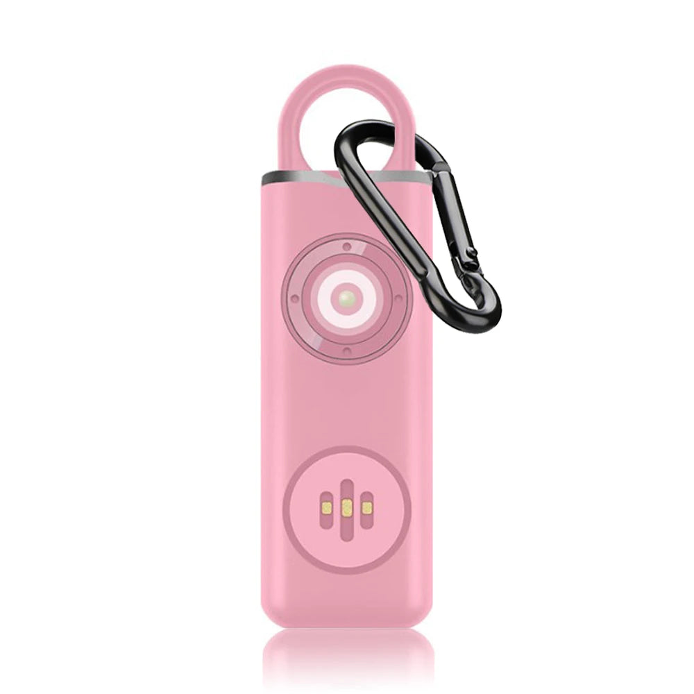 A pink personal safety alarm with a black clip and an LED light feature.