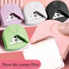 A collection of pink, white, and green precision corner cutters for paper and cardstock, showing various colors and angles.