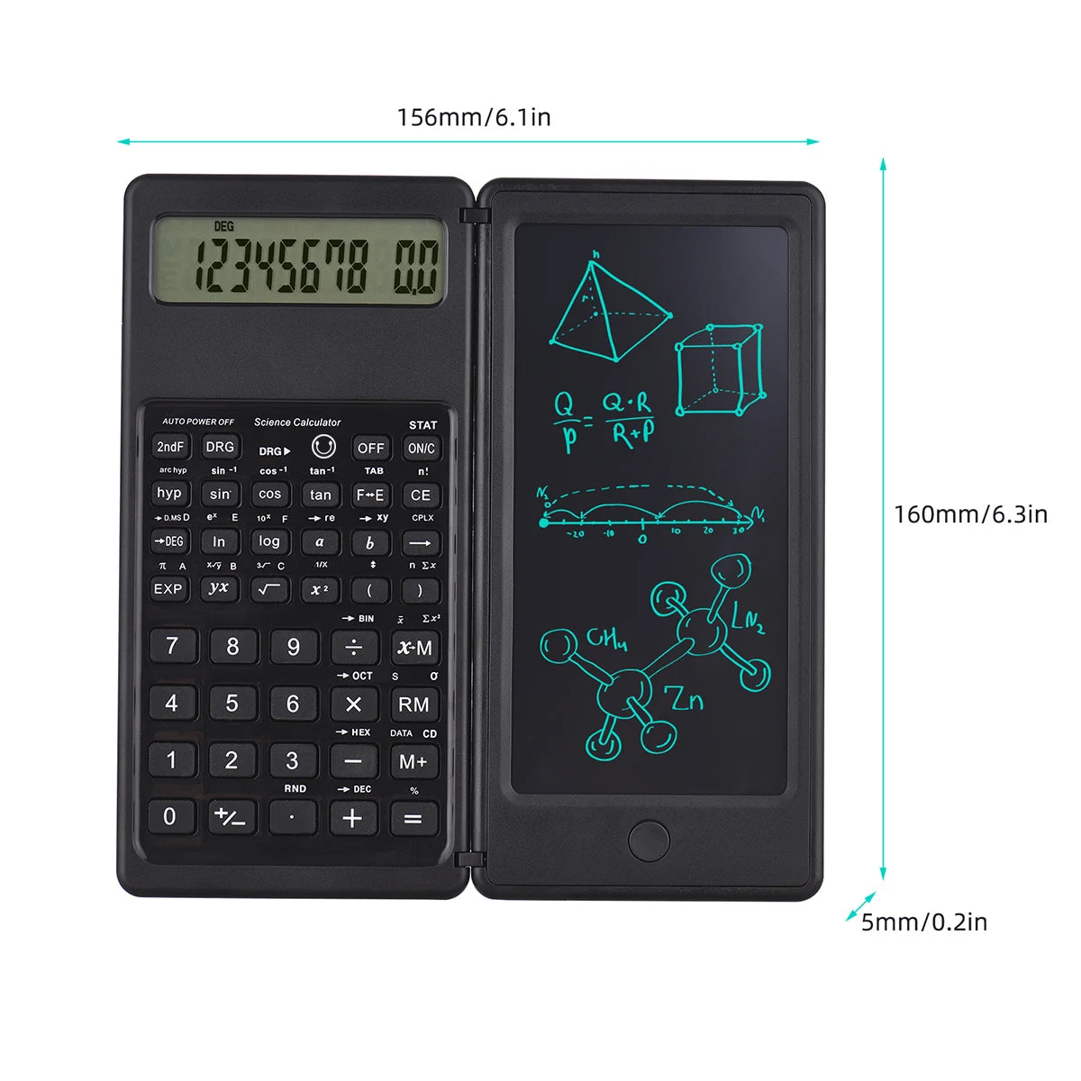 Calculatrice scientifique et tablette d'écriture pliable noire 2-en-1 avec affichage numérique et formules chimiques