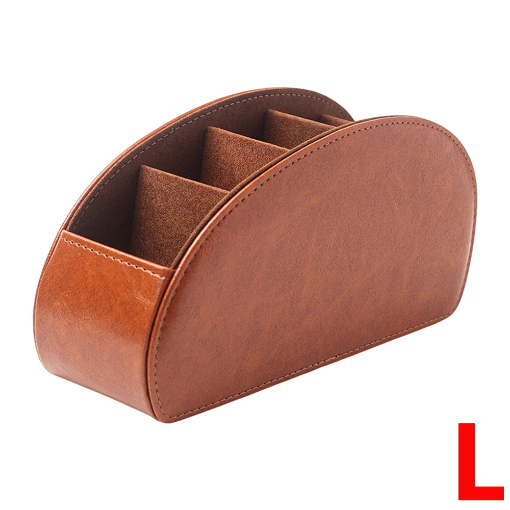 A brown PU leather remote control holder with five compartments shown from the top.