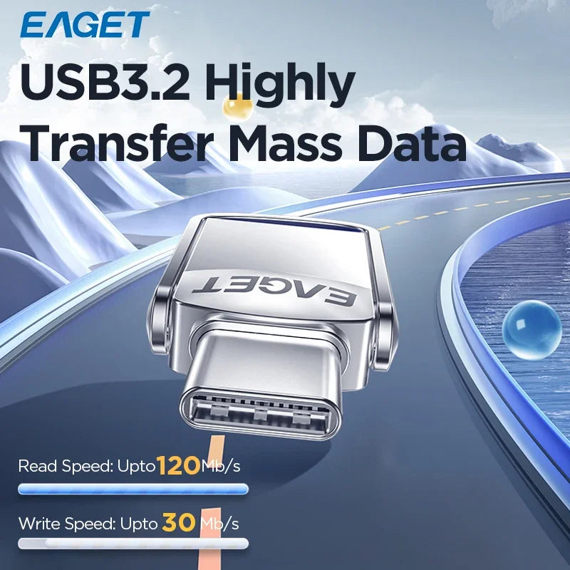 Silver Eaget USB3.2 flash drive with a metal body shown against a scenic background.
