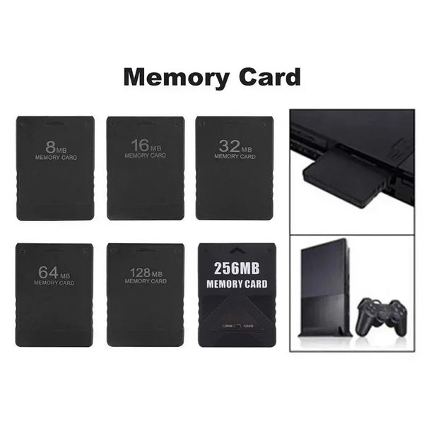 A collection of various capacity memory cards, including 8MB, 16MB, 32MB, 64MB, and 128MB cards, shown alongside an SD card a