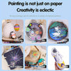 A set of multi-color acrylic paint markers and various surfaces like paper, disc, and wood for painting creativity.