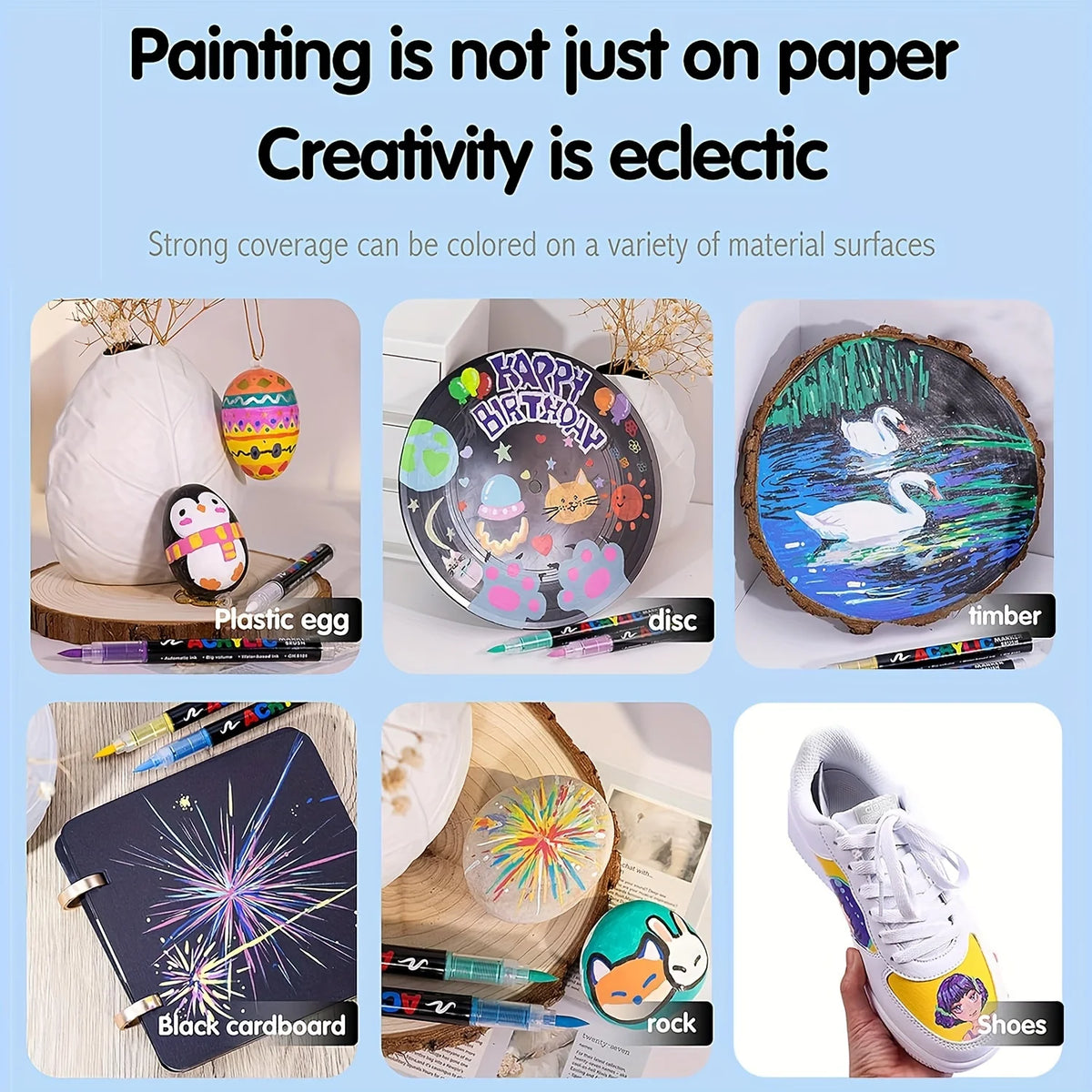 A set of multi-color acrylic paint markers and various surfaces like paper, disc, and wood for painting creativity.