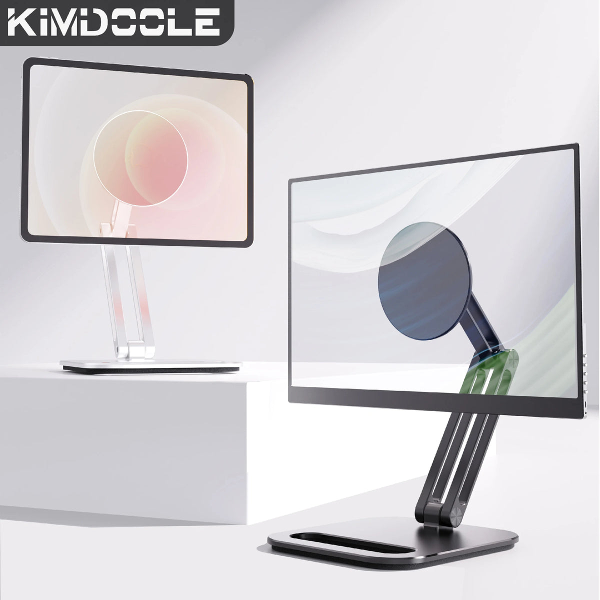 A foldable magnetic tablet stand is shown on a white surface, displaying a screen with a magnifying lens view.