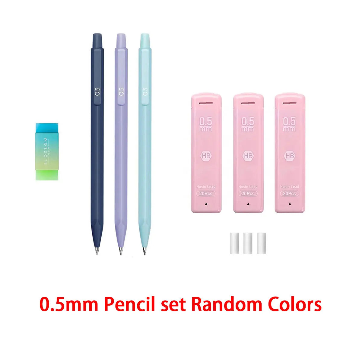 A set of 5 0.5mm mechanical pencils in various pastel colors including mint green, purple, and pink.