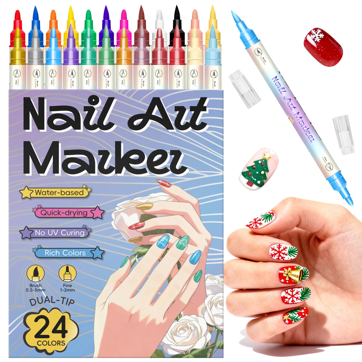 A set of dual-tip nail art markers with 24 colors and a brush for detailed nail designs.