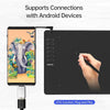 Tablette de dessin numérique avec un téléphone Android connecté par câble OTG pour une utilisation plug and play.