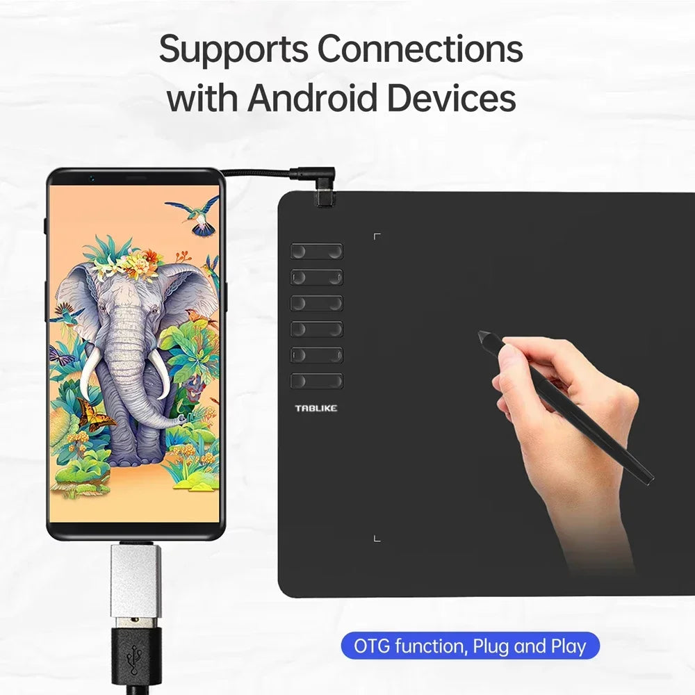 Tablette de dessin numérique avec un téléphone Android connecté par câble OTG pour une utilisation plug and play.