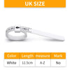 A white reusable ring sizer tool with an arrow marking, shown against a light background.