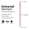 A pink stylus pencil with a double click on/off feature shown next to icons for Android, iOS, and Windows compatibility.