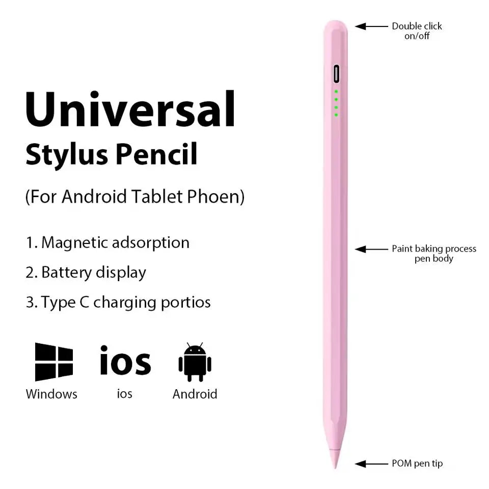 A pink stylus pencil with a double click on/off feature shown next to icons for Android, iOS, and Windows compatibility.
