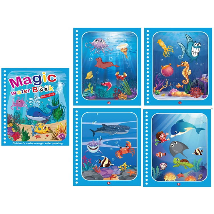 A set of five watercolor painting pages featuring various sea creatures and marine life for children's art.