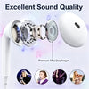 White wired earphones with a premium TPU diaphragm shown alongside various usage scenarios.