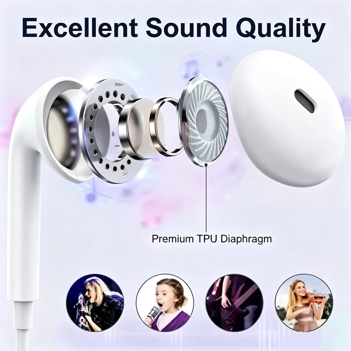 White wired earphones with a premium TPU diaphragm shown alongside various usage scenarios.