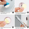Instructions showing how to attach a metal sheet to a phone and use it with a magnetic holder mount