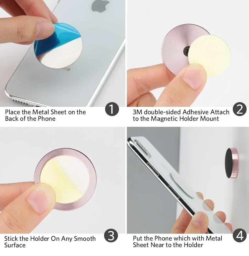 Instructions showing how to attach a metal sheet to a phone and use it with a magnetic holder mount