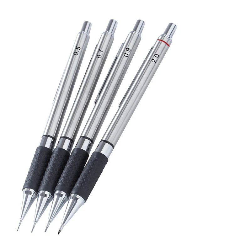 A set of metal mechanical pencils with various lead sizes labeled 0.5, 0.7, 0.9, and 2.0