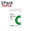 A pack of 50 transparent protective card sleeves with a green C shape visible on the packaging.