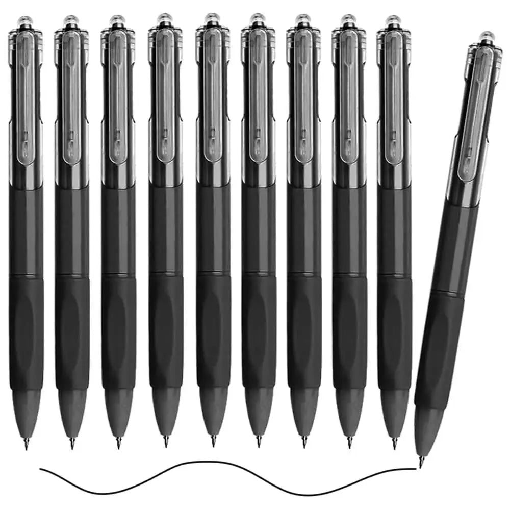 A row of fine point ballpoint pens with black ink, shown from the side.