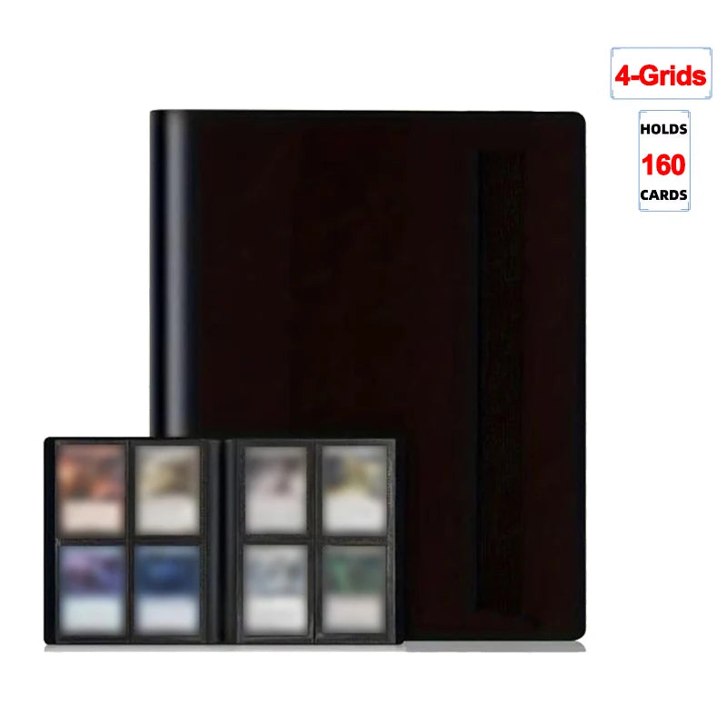 A black card binder album with a cover and an open section displaying several photos.