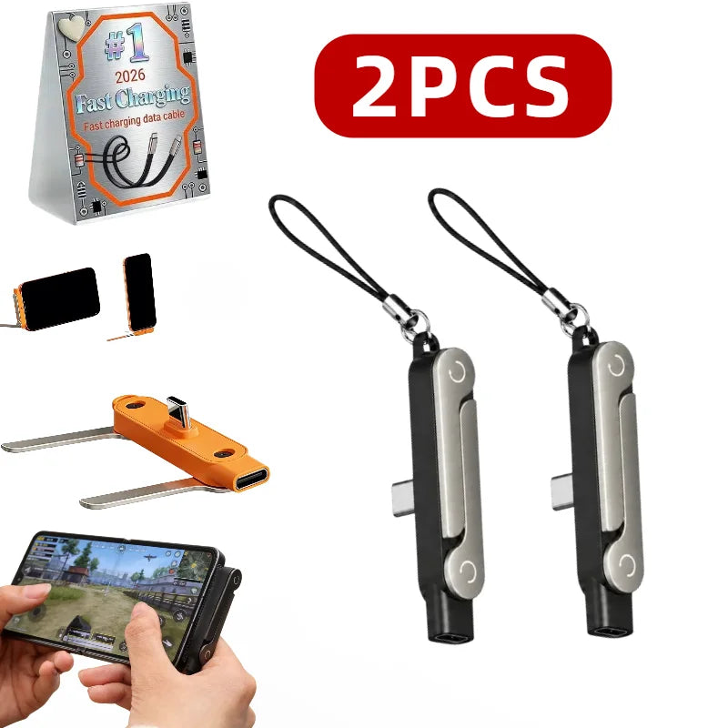 Two black foldable USB-C to USB-C charging cables and a phone stand are shown.