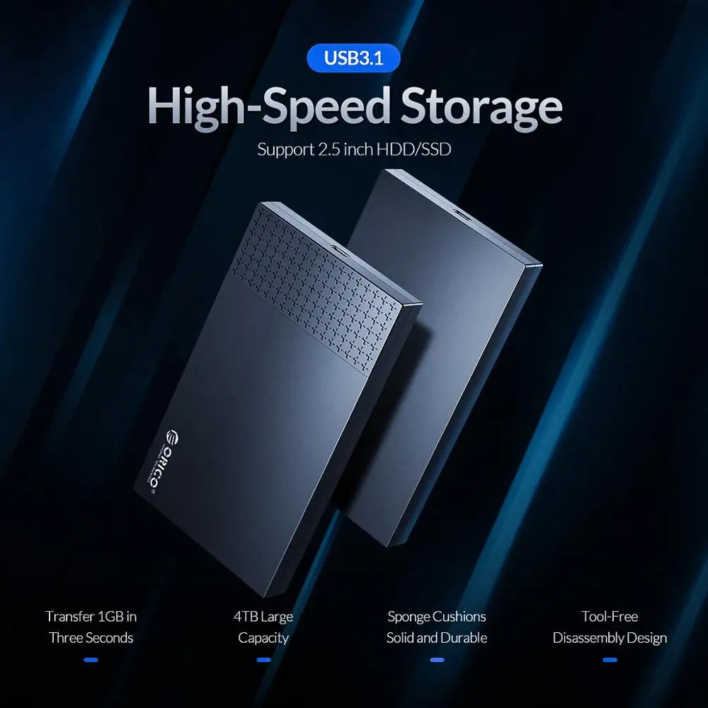 A black USB 3.1 high-speed storage enclosure supporting 2.5 inch HDD/SSD drives, shown with features like large capacity and 