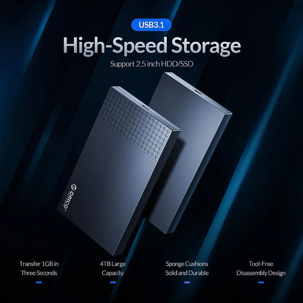 A black USB 3.1 high-speed storage enclosure supporting 2.5 inch HDD/SSD drives, shown with features like large capacity and 