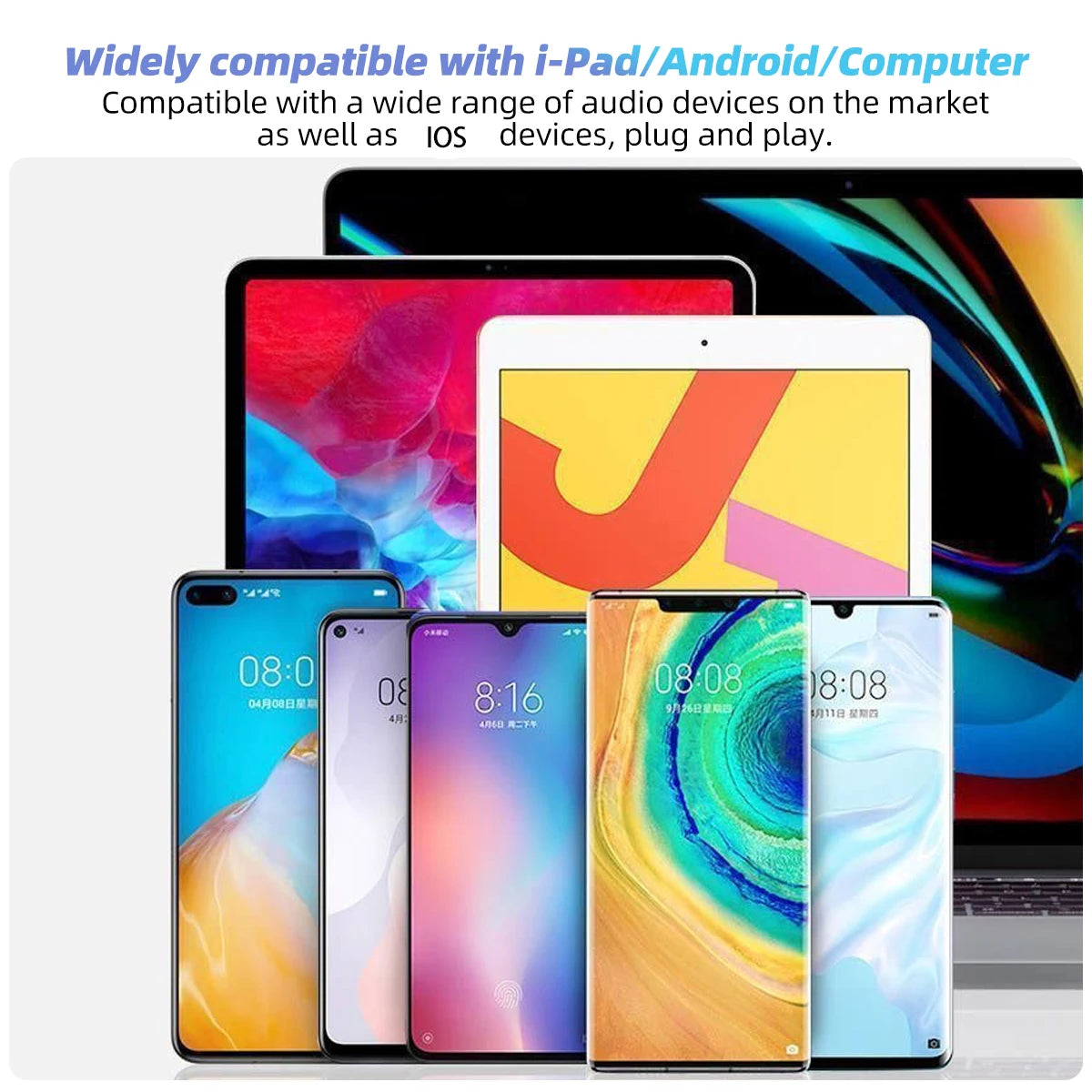 A collection of various tablets and smartphones demonstrating compatibility with wired Type-C earphones.